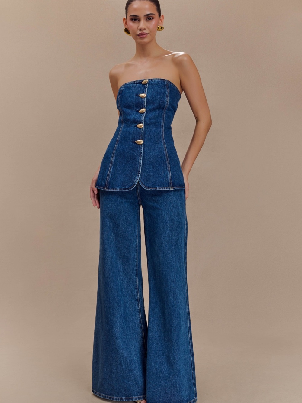 MESHKI lennox strapless long line button top and Jen wide leg flare denim jeans
